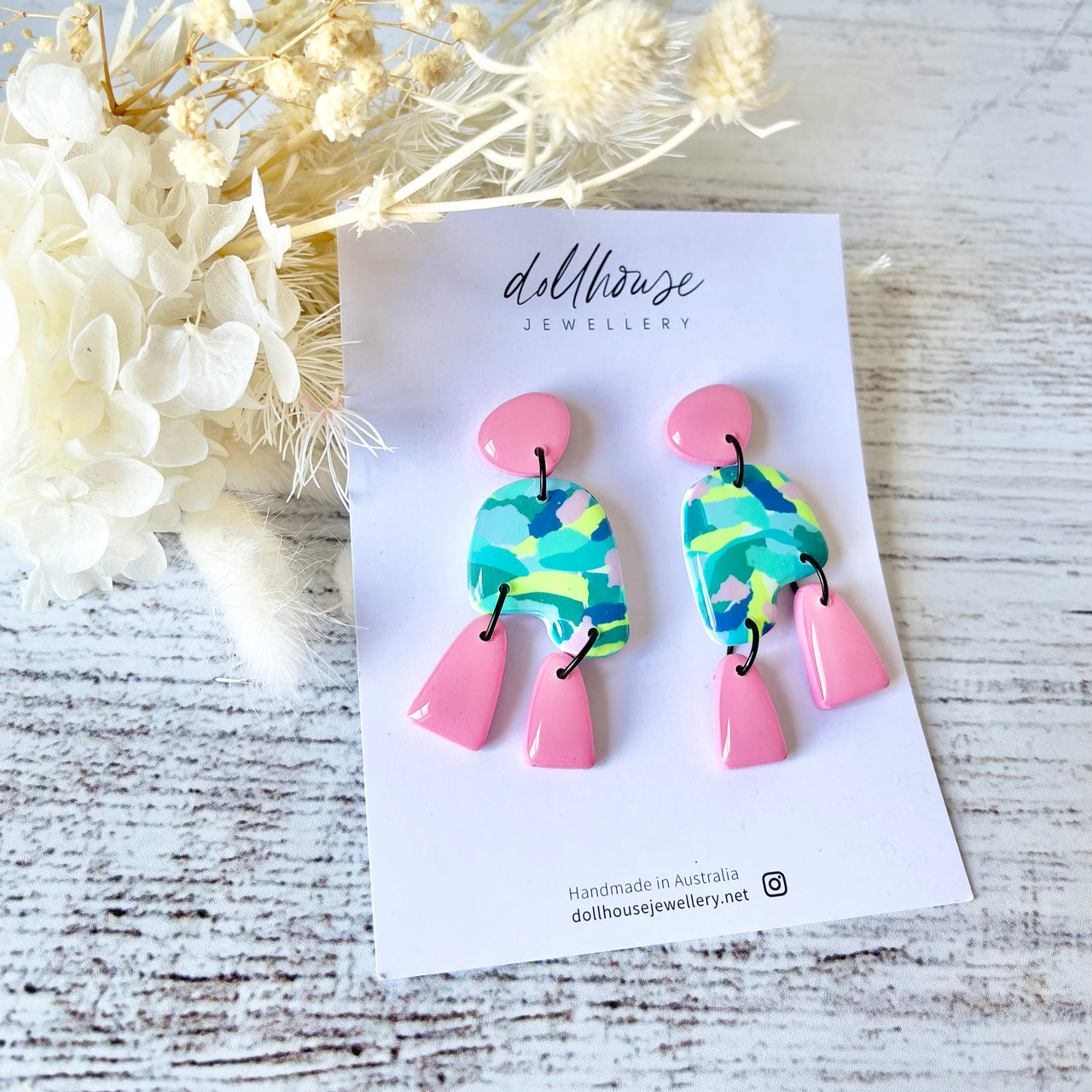 'Pinks and Greens' Dangles by Dollhouse Jewellery. Australian Art Prints and Homewares. Green Door Decor. www.greendoordecor.com.au