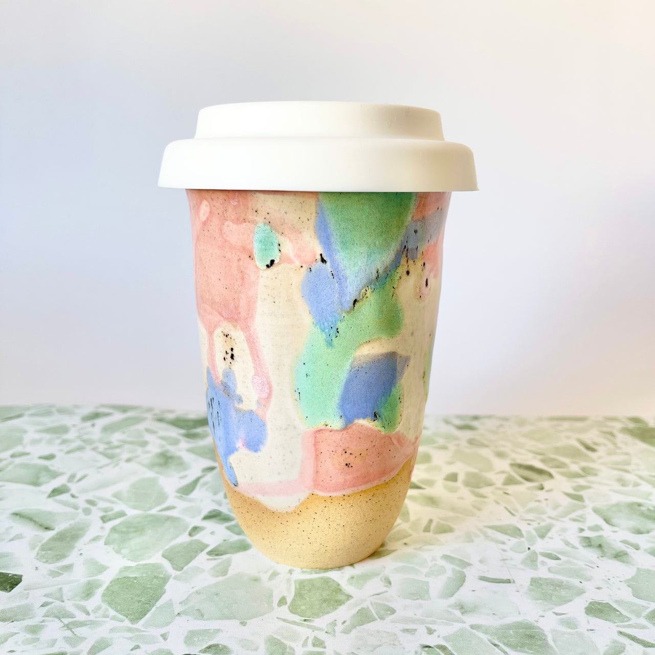 12oz Ceramic Travel Mug in Pink Multi by Bei Creative. Australian Art Prints and Homewares. Green Door Decor. www.greendoordecor.com.au