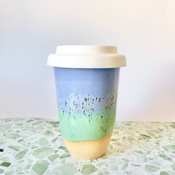 12oz Ceramic Travel Mug in Blue & Mint by Bei Creative. Australian Art Prints and Homewares. Green Door Decor. www.greendoordecor.com.au