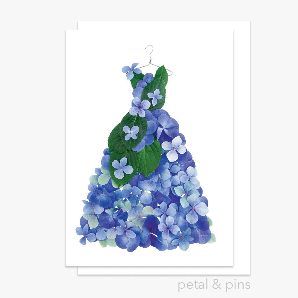 Blue Hydrangea Dress | Greeting Card by Petal & Pins. Australian Art Prints, Gifts, Fashion and Homewares. Green Door Decor. www.greendoordecor.com.au
