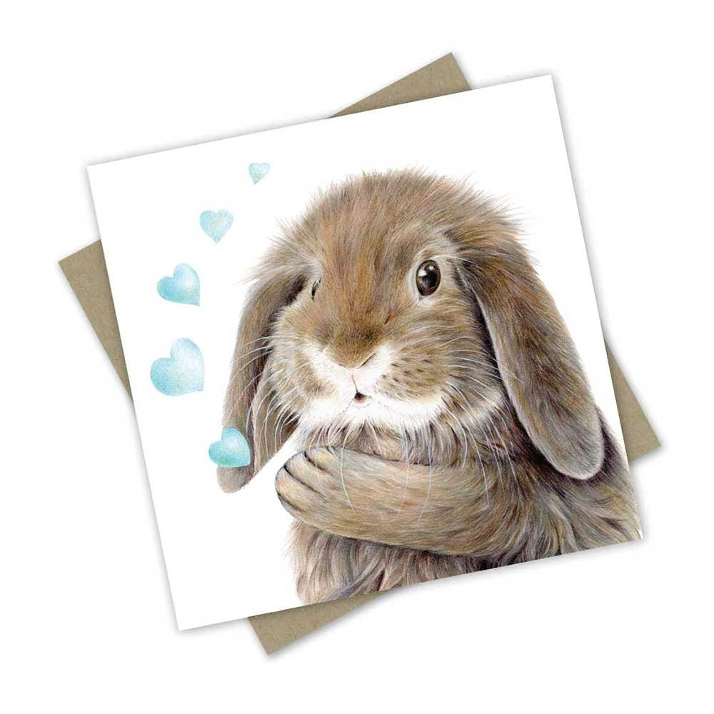 Greeting Card | Bunny Blue Hearts by Popcorn Blue. Australian Art Prints, Gifts, Fashion and Homewares. Green Door Decor. www.greendoordecor.com.au