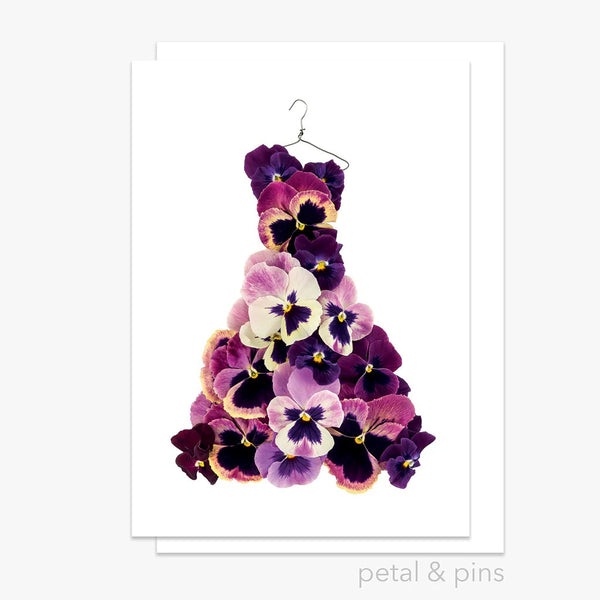 Pansy Gown | Greeting Card by Petal & Pins. Australian Art Prints, Gifts, Fashion and Homewares. Green Door Decor. www.greendoordecor.com.au