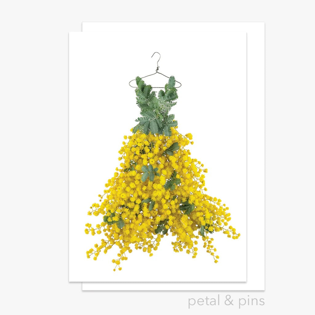 Wattle Dress | Greeting Card by Petal & Pins. Australian Art Prints, Gifts, Fashion and Homewares. Green Door Decor. www.greendoordecor.com.au