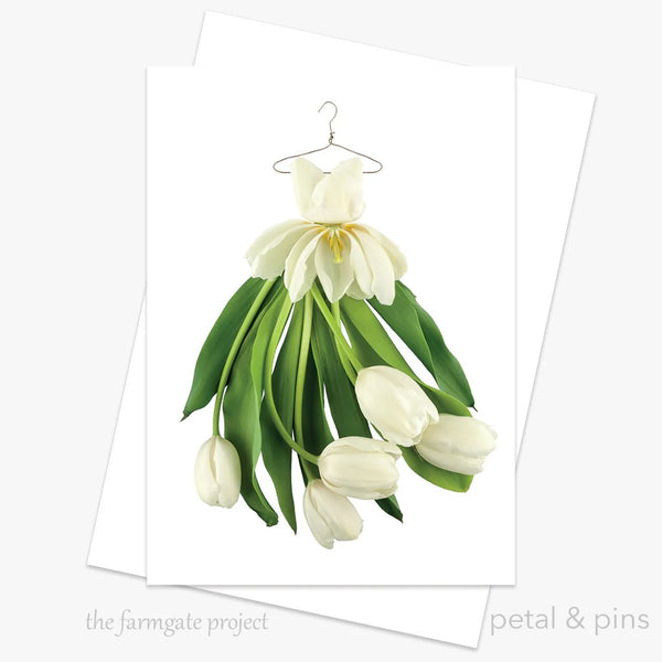 White Tulip Dress | Greeting Card by Petal & Pins. Australian Art Prints, Gifts, Fashion and Homewares. Green Door Decor. www.greendoordecor.com.au