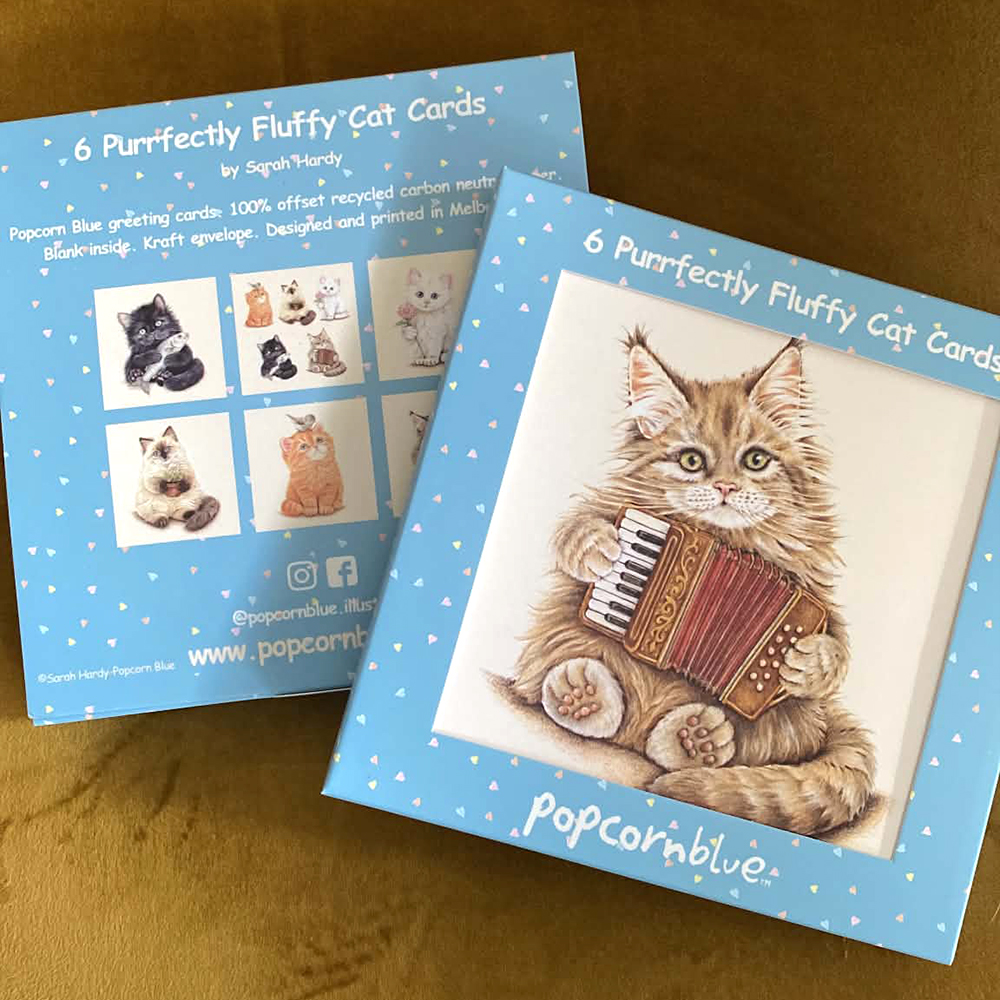 Popcorn Blue Card Park | 6 Purrfectly Fluffy Cat Cards  by Popcorn Blue. Australian Art Prints, Gifts, Fashion and Homewares. Green Door Decor. www.greendoordecor.com.au