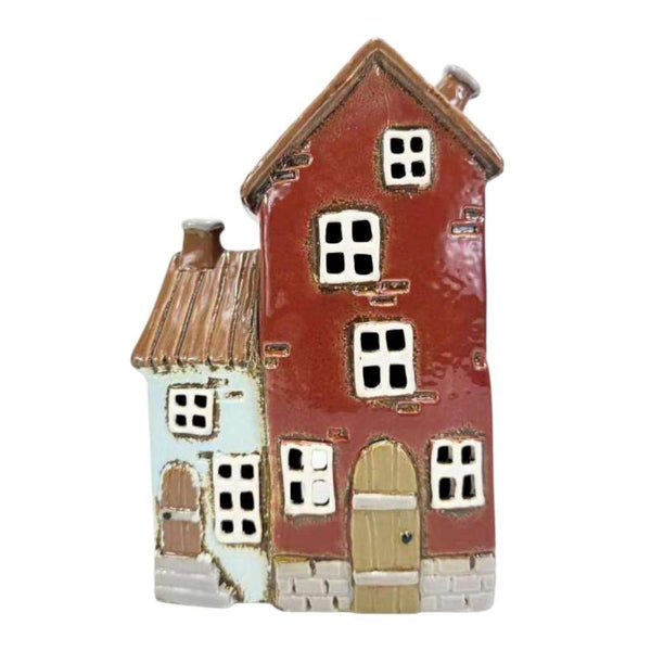 Ceramic Tea Light Holder | Blue & Red Double House by Yellow Rock Decor. Australian Art Prints, Gifts, Fashion and Homewares. Green Door Decor. www.greendoordecor.com.au