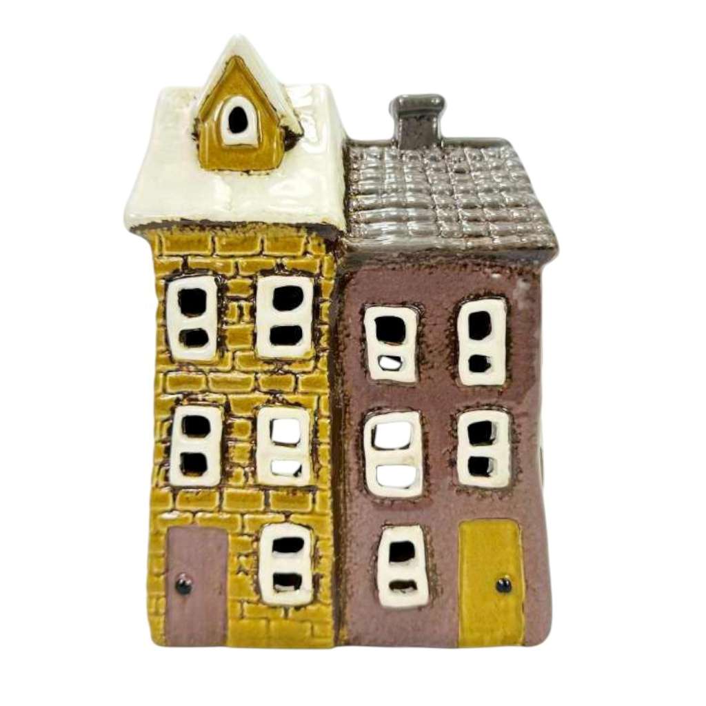 Ceramic Tea Light Holder | Yellow & Brown Double House by Yellow Rock Decor. Australian Art Prints, Gifts, Fashion and Homewares. Green Door Decor. www.greendoordecor.com.au
