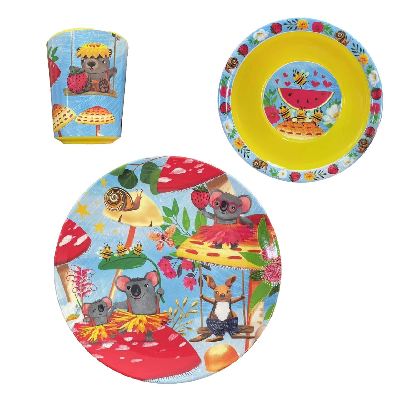 Children's Melamine Set | Bush Party by La La Land. Australian Art Prints and Homewares. Green Door Decor. www.greendoordecor.com.au