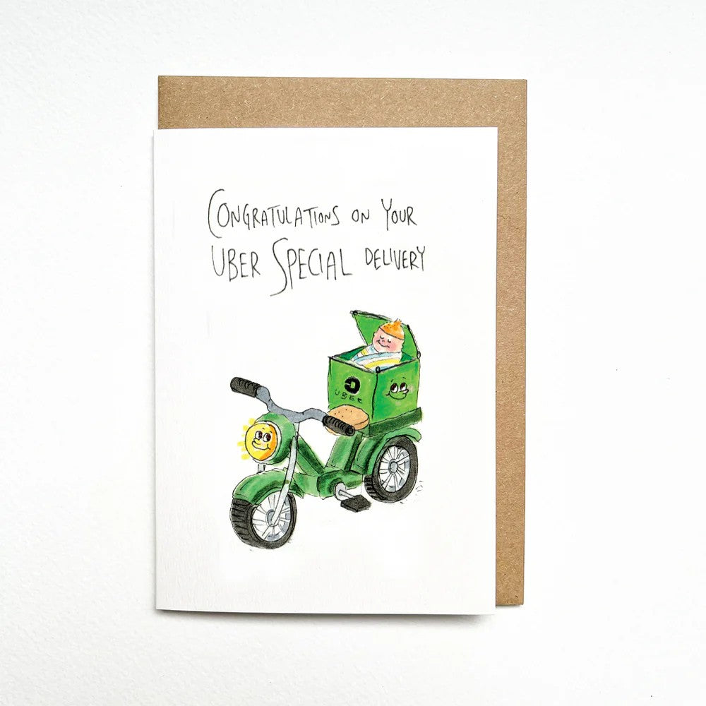 Congratulations on Your Uber Special Delivery | Greeting Card by Well Drawn. Australian Art Prints, Fashion and Homewares. Green Door Decor. www.greendoordecor.com.au