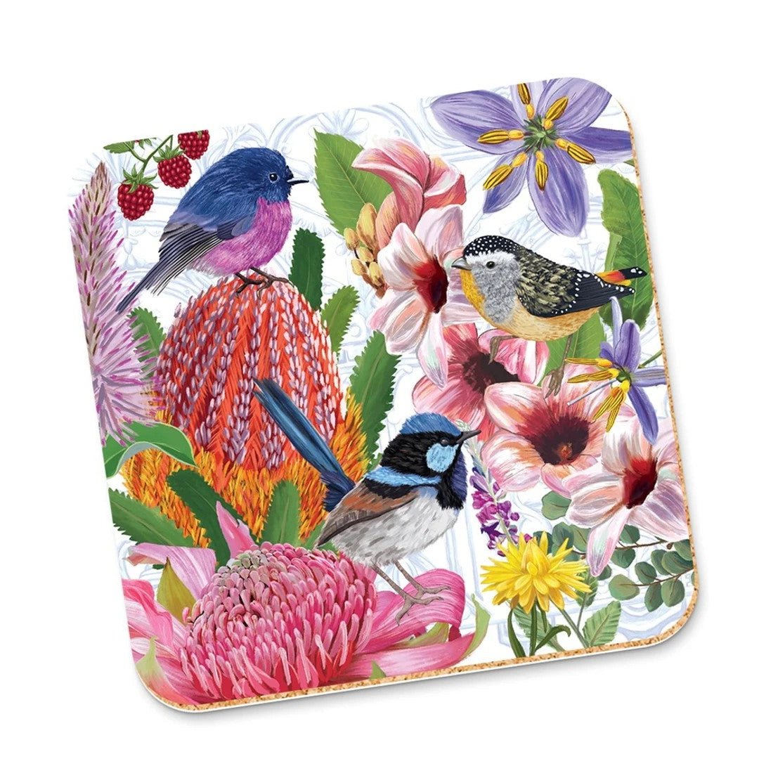 Corky Coaster | Enchanted Garden Birds by La La Land. Australian Art Prints and Homewares. Green Door Decor. www.greendoordecor.com.au