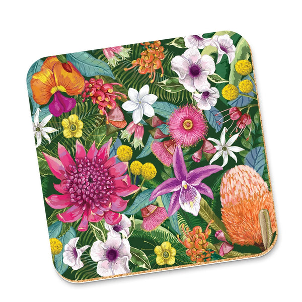 Corky Coaster | Tropicana Australiana Flowers by La La Land. Australian Art Prints and Homewares. Green Door Decor. www.greendoordecor.com.au