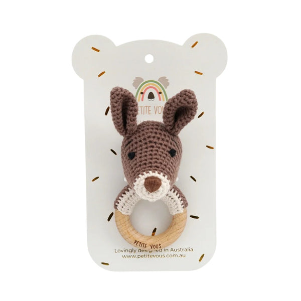 Crochet Ring Rattle | Kobe the Kangaroo by Petite Vous. Australian Art Prints, Gifts, Fashion and Homewares. Green Door Decor. www.greendoordecor.com.au