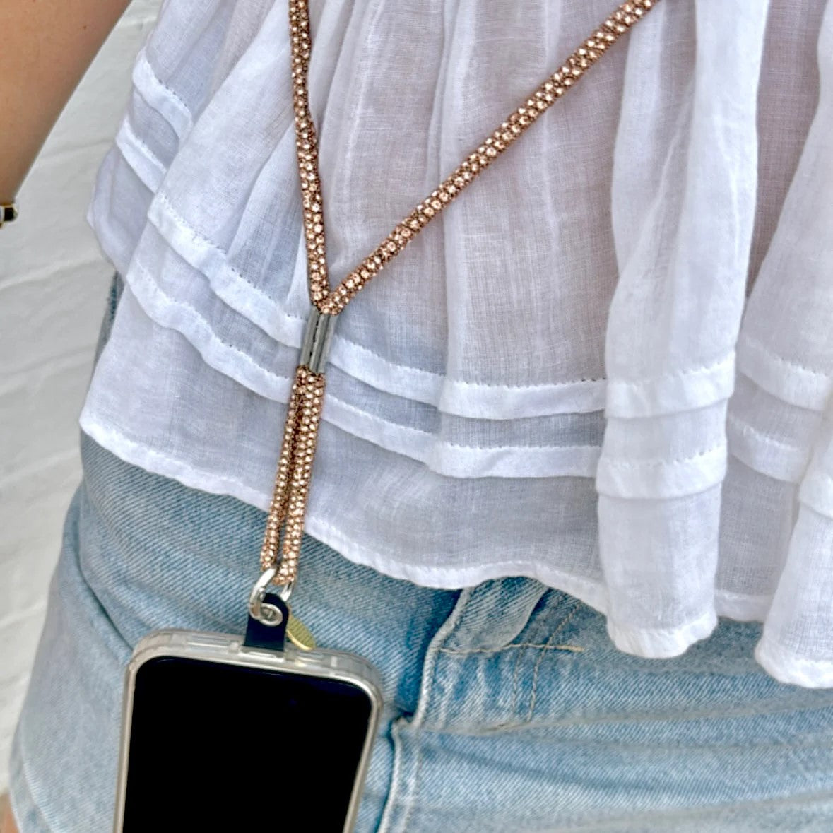 Cross Body Phone Strap | Lanyard - Diamanté Rose Gold by Salty Safari by Noosa Living. Australian Art Prints and Homewares. Green Door Decor. www.greendoordecor.com.au