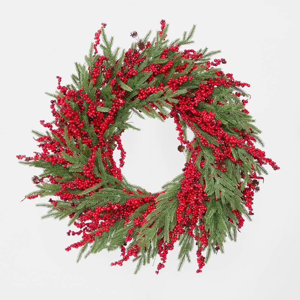 Cypress and Red Berry Wreath 65cm | Christmas Decoration by Florabelle. Australian Art Prints and Homewares. Green Door Decor. www.greendoordecor.com.au