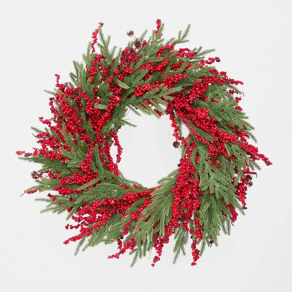 Cypress and Red Berry Wreath 65cm | Christmas Decoration by Florabelle. Australian Art Prints and Homewares. Green Door Decor. www.greendoordecor.com.au