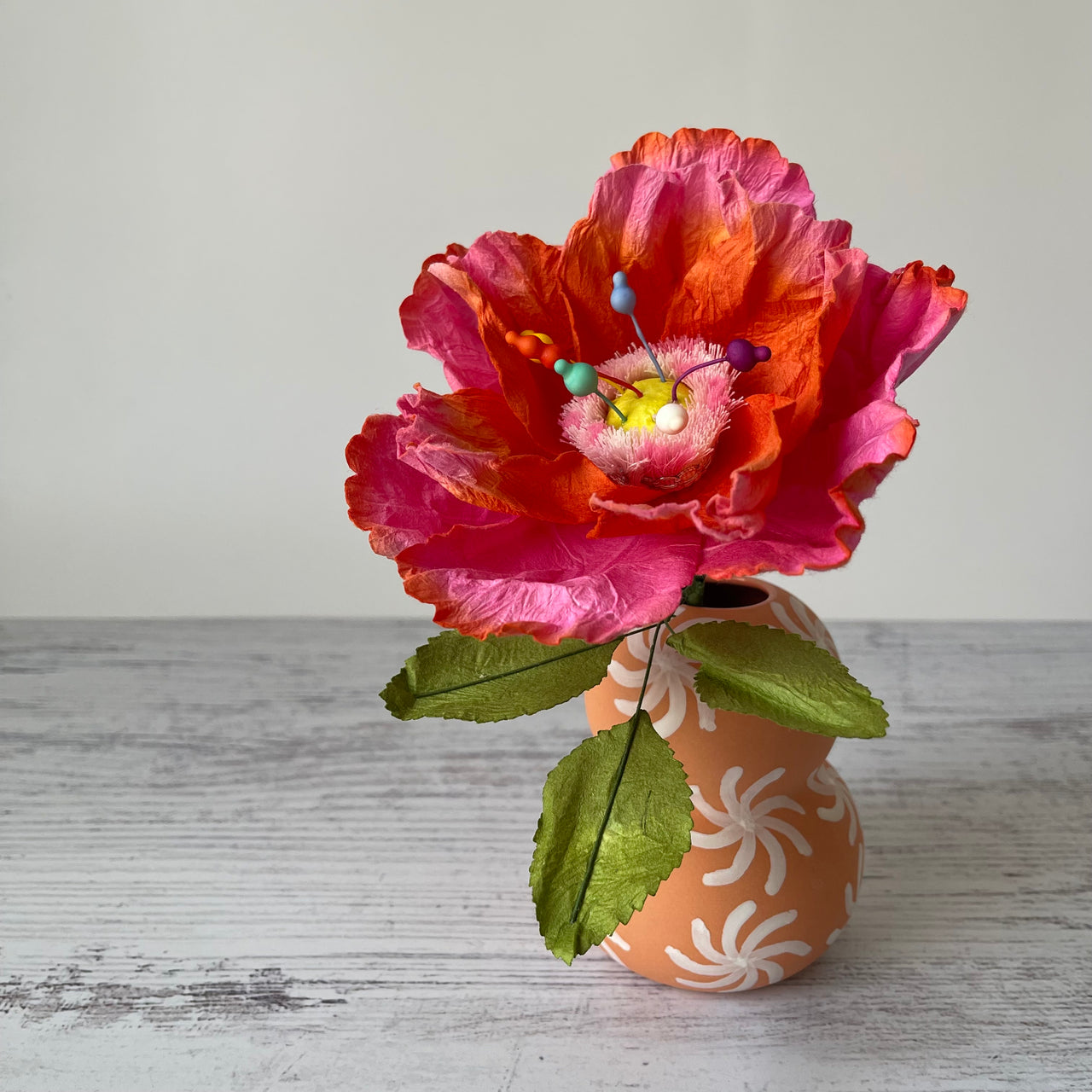 Paper Whirly Single Stem Flower | Vivien (Orange & Hot Pink) by Nibbanah. Australian Art Prints and Homewares. Green Door Decor. www.greendoordecor.com.au