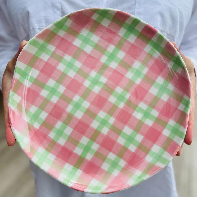 Dinner Plate | Rose Pink and Green Gingham by Noss Ceramics. Australian Art Prints and Homewares. Green Door Decor. www.greendoordecor.com.au