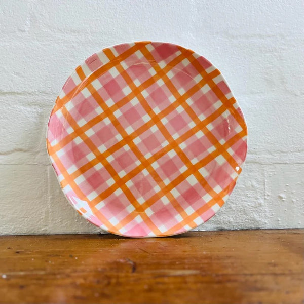 Dinner Plate | Rose Pink & Orange Gingham by Noss Ceramics. Australian Art Prints and Homewares. Green Door Decor. www.greendoordecor.com.au