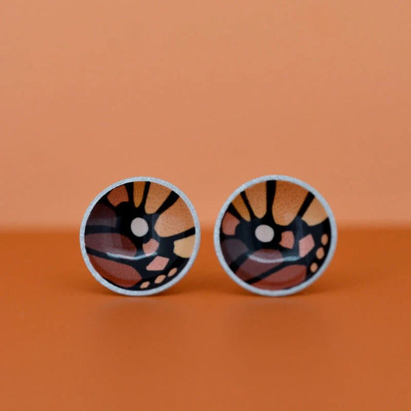 Domed Circle Stud Earrings | Hot Mocha - Monarch Butterfly by Kitty Came Home. Australian Art Prints and Homewares. Green Door Decor. www.greendoordecor.com.au