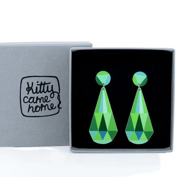 Double Drop Stud Earrings | Claire Ishino - Green Faceted Gems by Kitty Came Home. Australian Art Prints and Homewares. Green Door Decor. www.greendoordecor.com.au