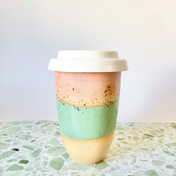 12oz Ceramic Travel Mug in Pink & Mint by Bei Creative. Australian Art Prints and Homewares. Green Door Decor. www.greendoordecor.com.au