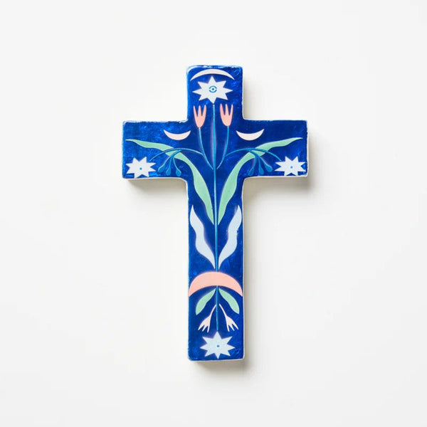 'Fable' Blue Floral Small Cross by Jones and Co. Australian Art Prints, Fashion and Homewares. Green Door Decor. www.greendoordecor.com.au