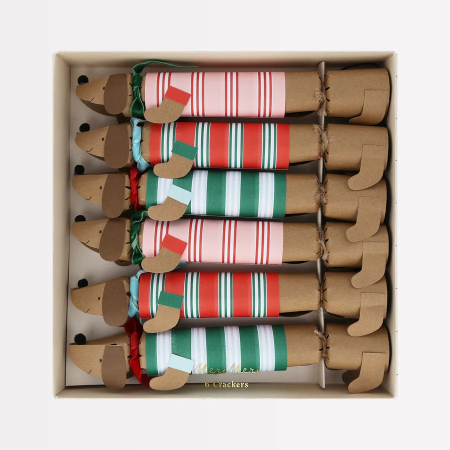 Festive Stripe Sausage Dog Christmas Crackers (x6) by Meri Meri. Australian Art Prints and Homewares. Green Door Decor. www.greendoordecor.com.au