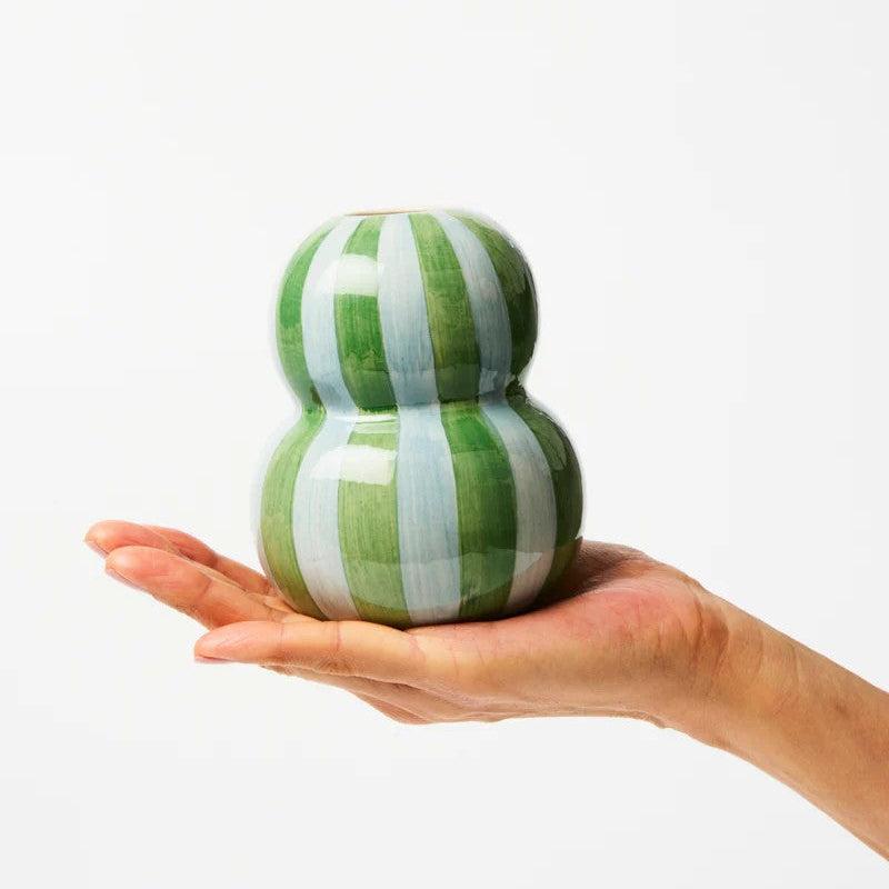'Fonda' Green Blue Stripe Vase by Jones and Co. Australian Art Prints, Fashion and Homewares. Green Door Decor. www.greendoordecor.com.au