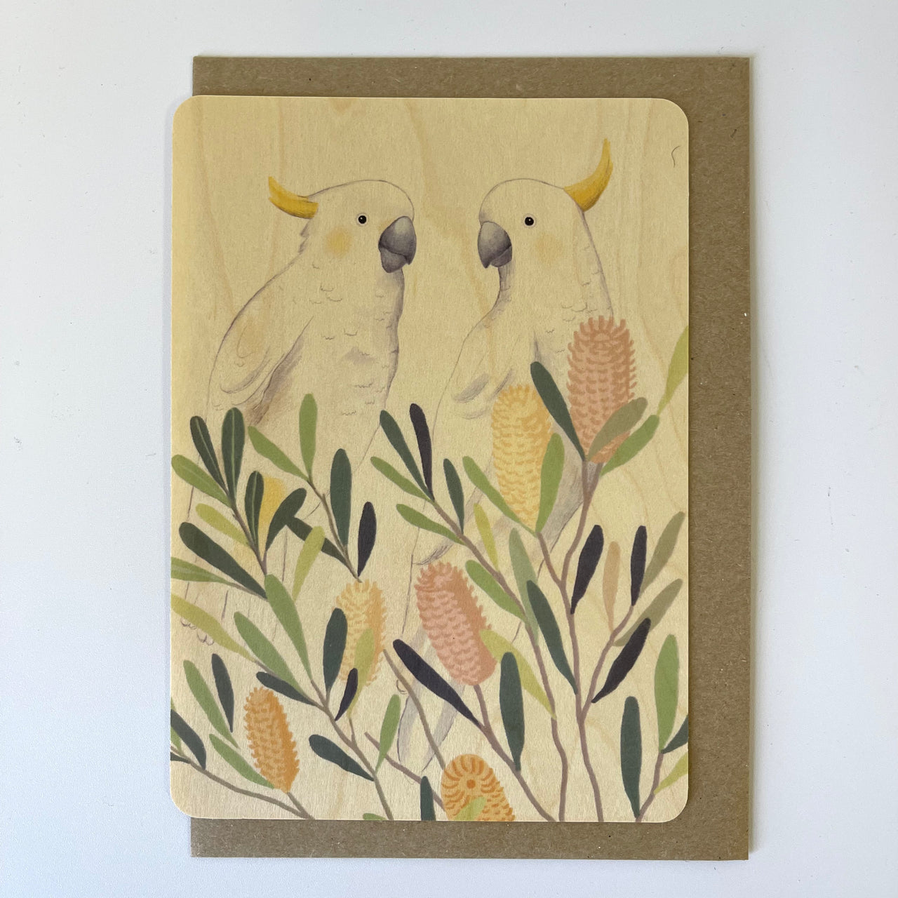 Wood Greeting Card & Envelope | Daniella Germain | A Cocky Pair by Greenigo. Australian Art Prints and Homewares. Green Door Decor. www.greendoordecor.com.au