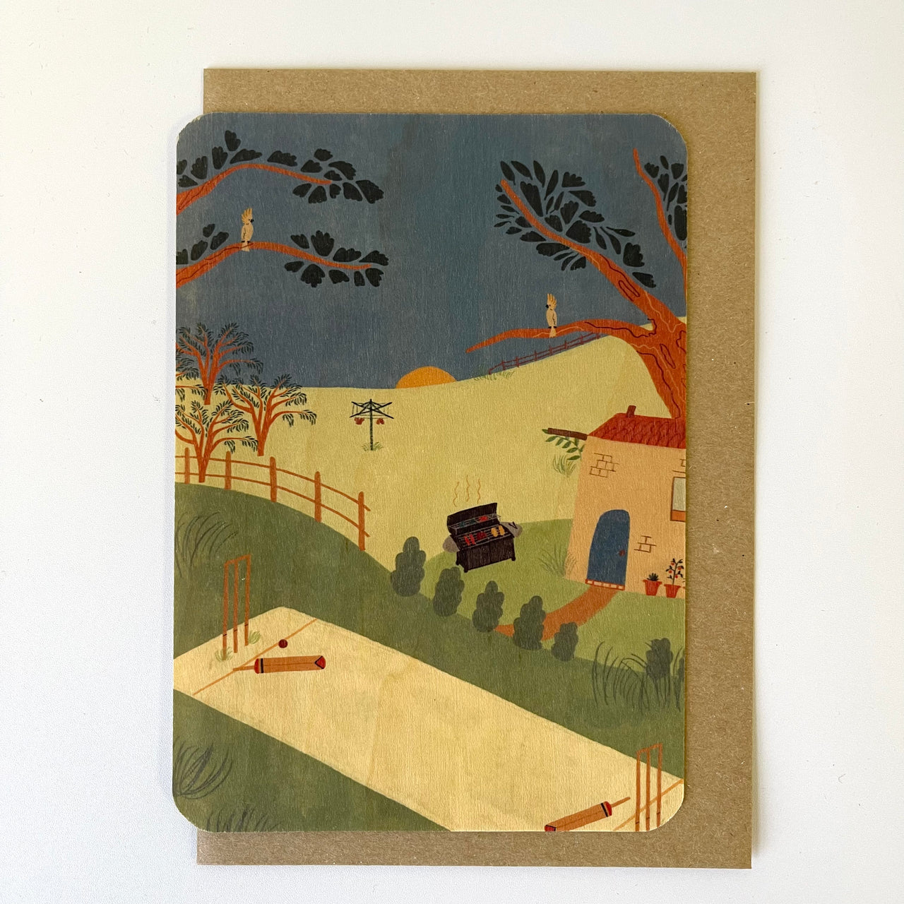 Wood Greeting Card & Envelope | Hayley Sinnatt | Backyard Cricket by Greenigo. Australian Art Prints and Homewares. Green Door Decor. www.greendoordecor.com.au