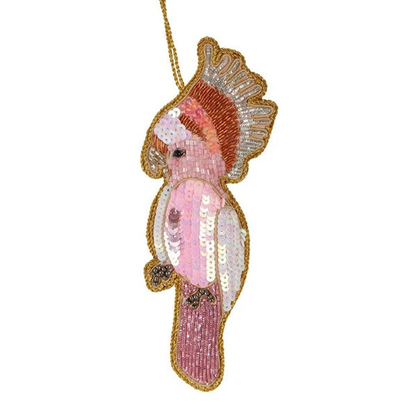 Galah Sequin Hanging Xmas Tree Decoration. Australian Art Prints and Homewares. Green Door Decor. www.greendoordecor.com.au