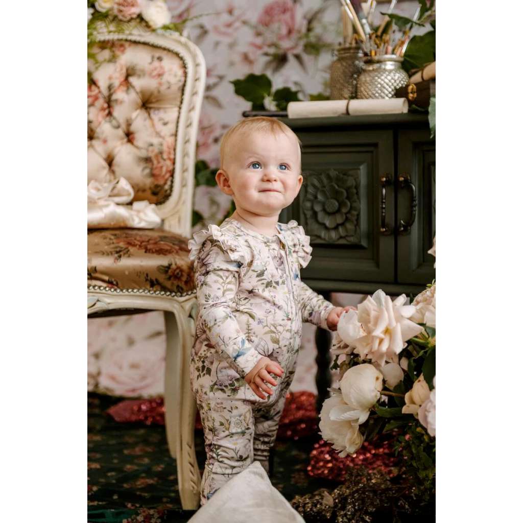 'Garden Party' Precious Frill Coverall Onesie by Fleur Harris. Australian Art Prints and Homewares. Green Door Decor. www.greendoordecor.com.au