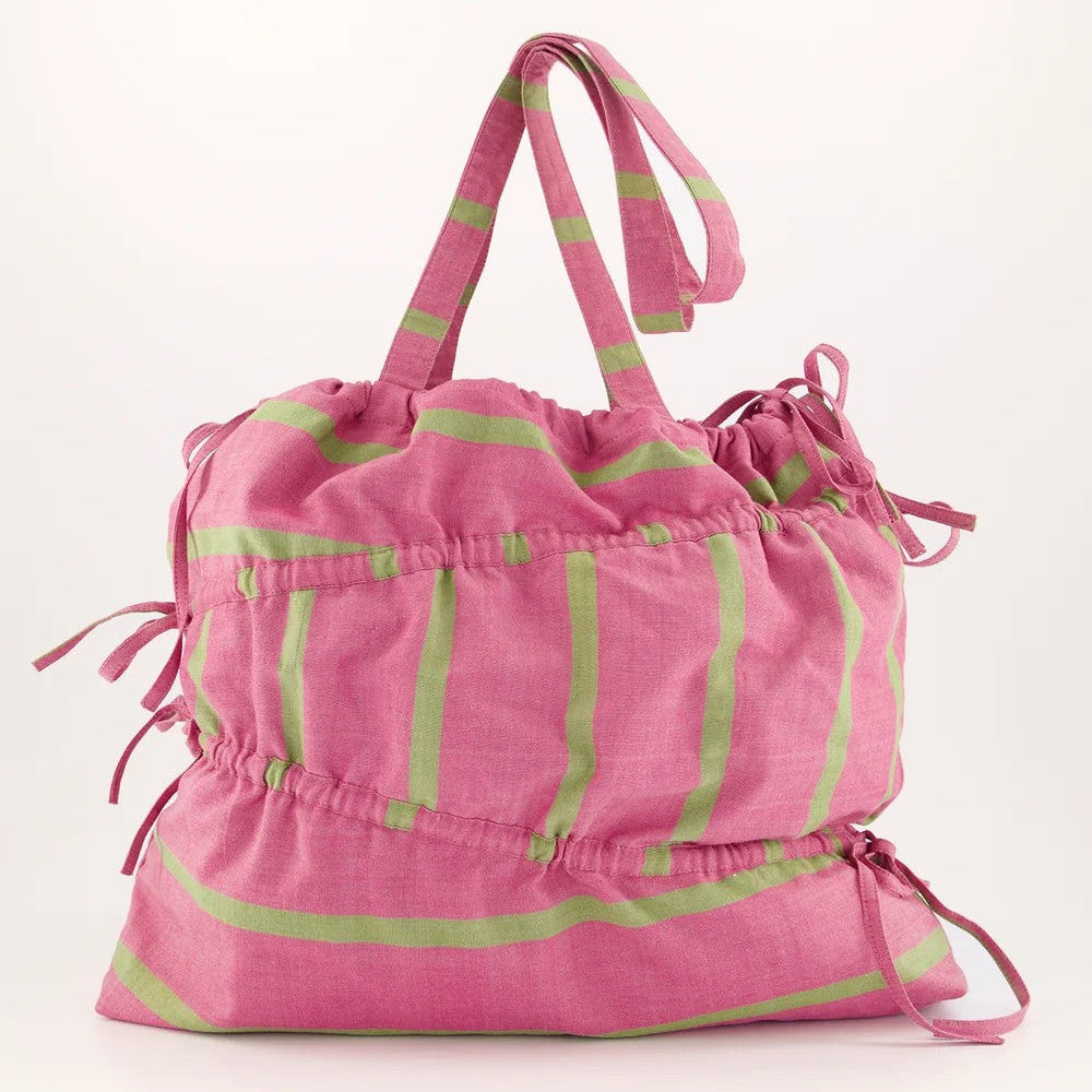 Gathered Tote | Pink Green Stripe by Nancybird. Australian Art Prints, Gifts, Fashion and Homewares. Green Door Decor. www.greendoordecor.com.au