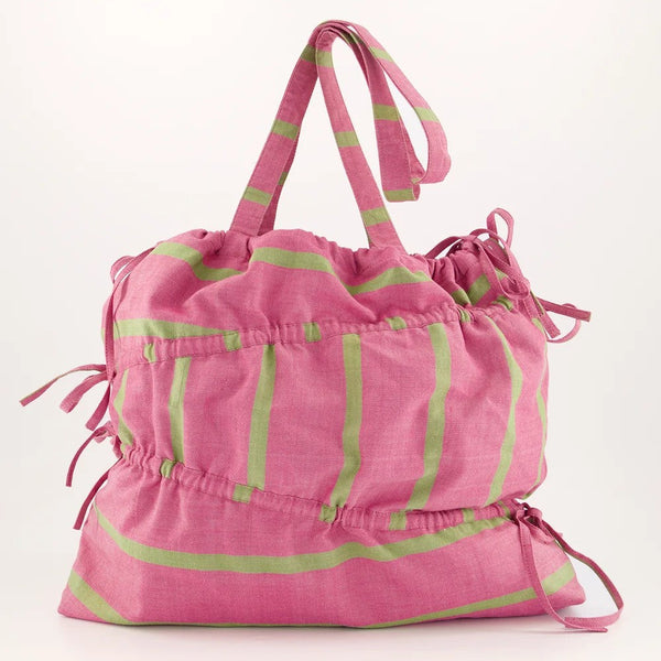 Gathered Tote | Pink Green Stripe by Nancybird. Australian Art Prints, Gifts, Fashion and Homewares. Green Door Decor. www.greendoordecor.com.au