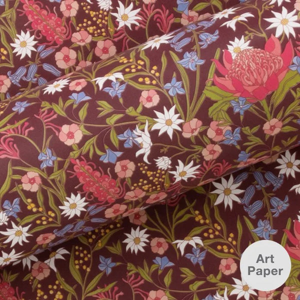 Gift Wrap | Matilda Floral Mulberry (76cm x 2.5m) by Vandoros Packaging. Australian Art Prints, Gifts, Fashion and Homewares. Green Door Decor. www.greendoordecor.com.au