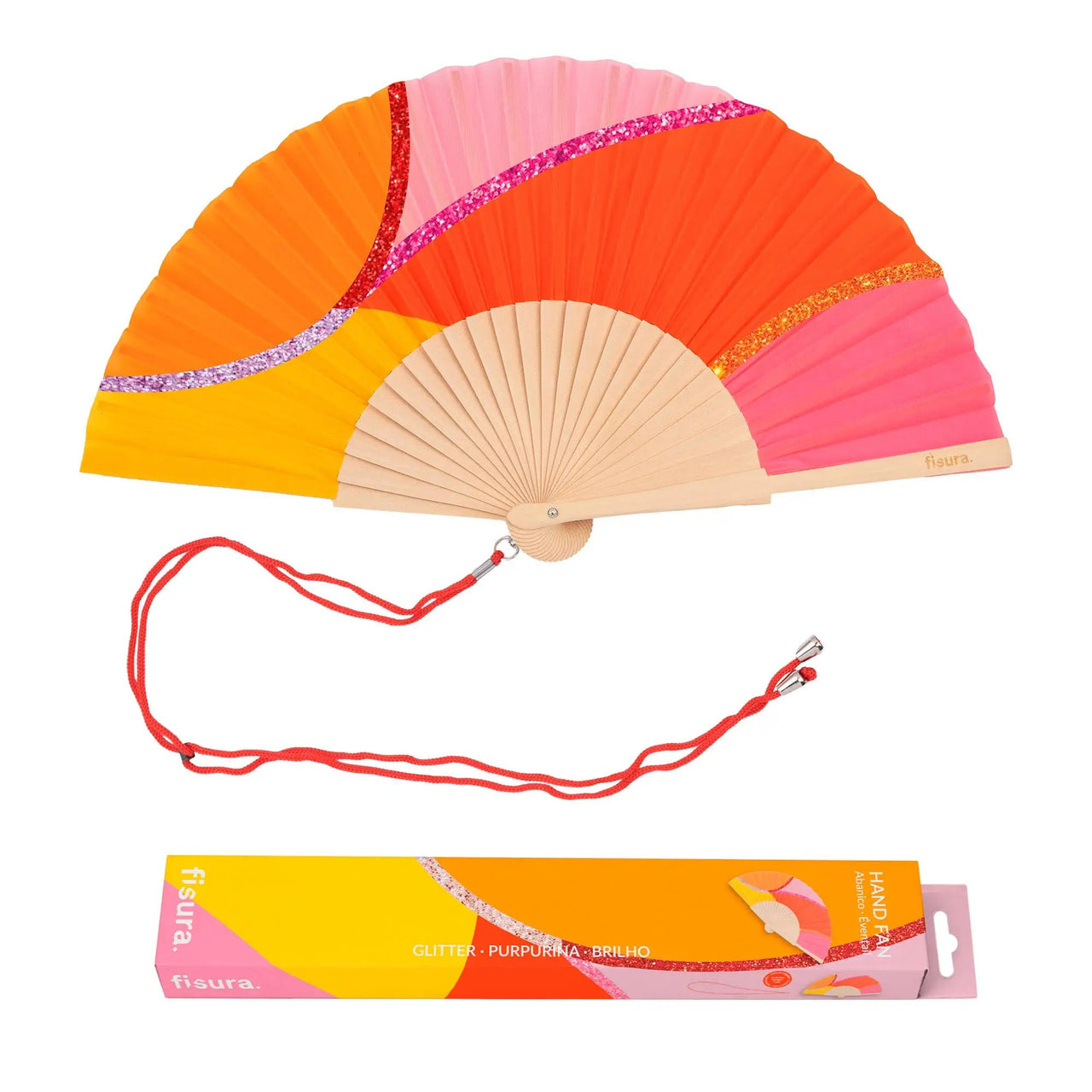 Glitter Hand Fan | Waves Pink, Orange, Red & Yellow by Fisure, French Bazaar. Australian Art Prints, Gifts, Fashion and Homewares. Green Door Decor. www.greendoordecor.com.au