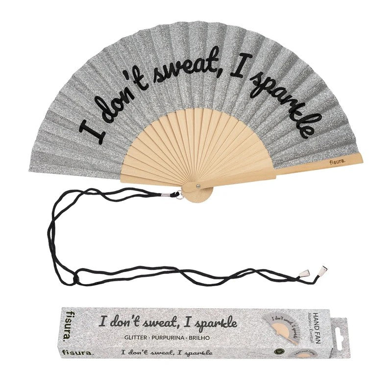 Glitter Silver Hand Fan | I Don't Sweat I Sparkle by Fisura, French Bazaar. Australian Art Prints, Gifts, Fashion and Homewares. Green Door Decor. www.greendoordecor.com.au