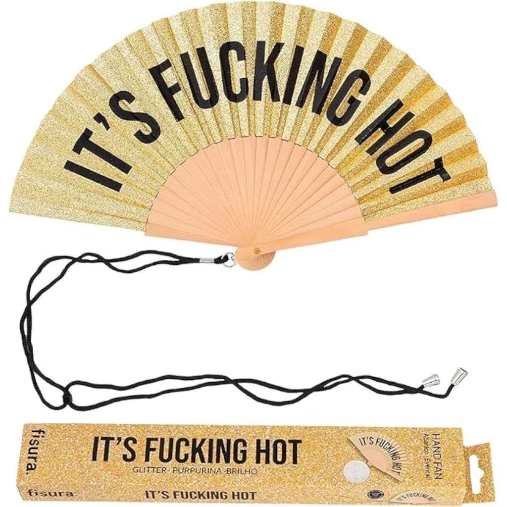 Gold Glitter Hand Fan | It's Fucking Hot by Fisura, French Bazaar. Australian Art Prints, Gifts, Fashion and Homewares. Green Door Decor. www.greendoordecor.com.au