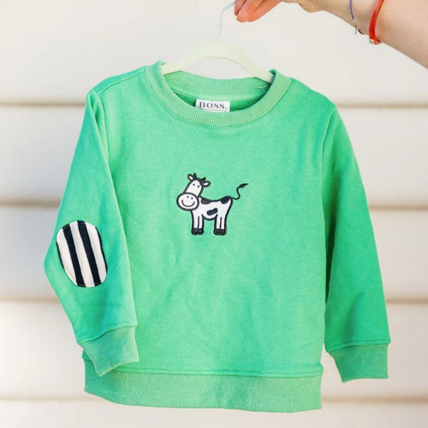 Green Cow Kid's Jumper by Noss & Co. Australian Art Prints and Homewares. Green Door Decor. www.greendoordecor.com.au