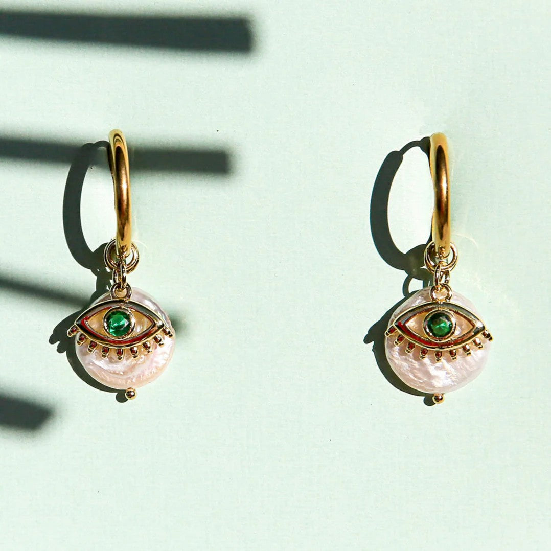 'Green Eye' Huggie Hoops by Kingston Jewellery. Australian Art Prints, Fashion and Homewares. Green Door Decor. www.greendoordecor.com.au