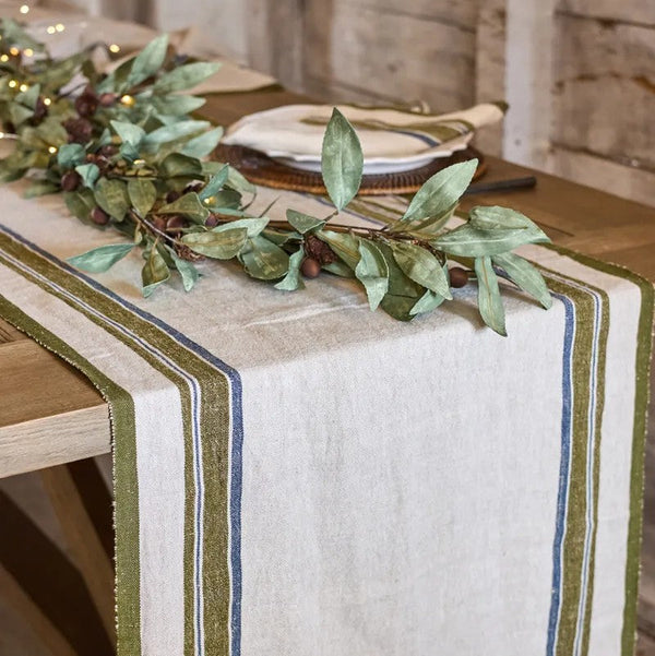 Green Selvedge Stripe Linen Table Runner by French Country Collections. Australian Art Prints, Gifts, Fashion and Homewares. Green Door Decor. www.greendoordecor.com.au
