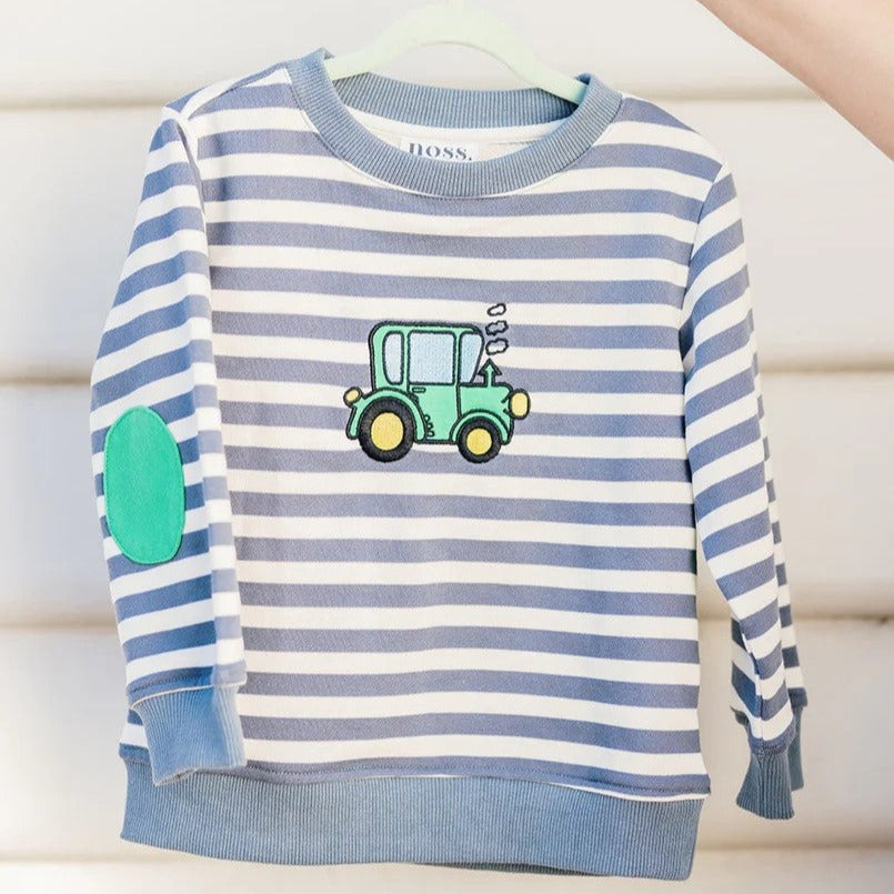 Green Tractor Stripe Kid's Jumper by Noss & Co. Australian Art Prints and Homewares. Green Door Decor. www.greendoordecor.com.au