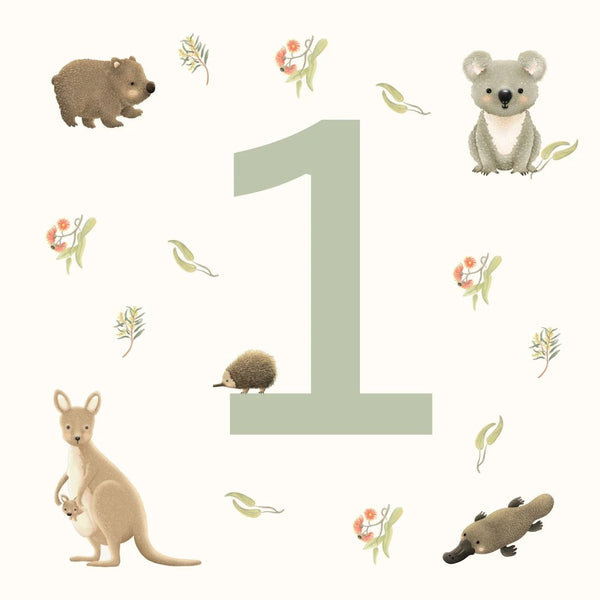 Aussie Animals Birthday 1 Year | Greeting Card by Petite Vous. Australian Art Prints, Gifts, Fashion and Homewares. Green Door Decor. www.greendoordecor.com.au