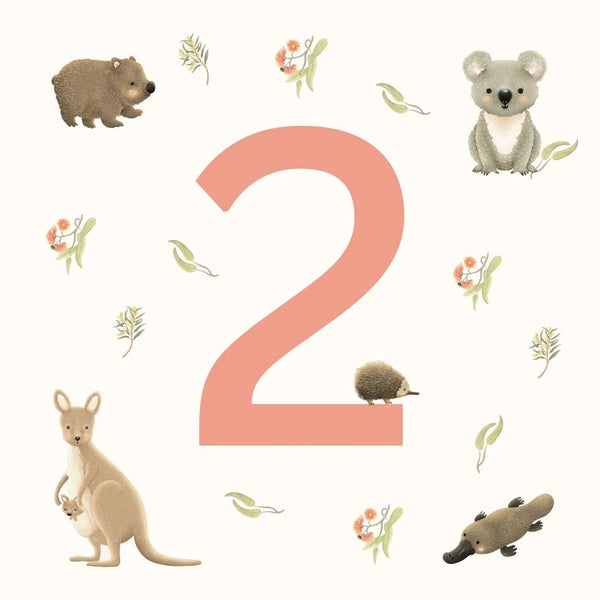 Aussie Animals Birthday 2 Years | Greeting Card by Petite Vous. Australian Art Prints, Gifts, Fashion and Homewares. Green Door Decor. www.greendoordecor.com.au