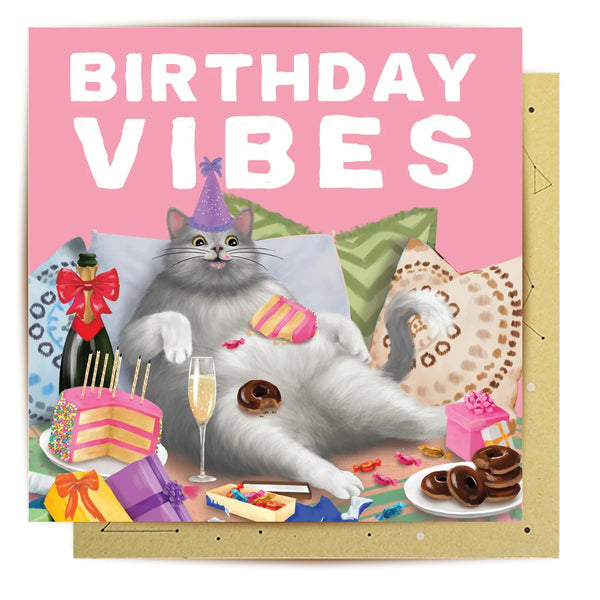 Greeting Card | Birthday Vibes Cat by La La Land. Australian Art Prints and Homewares. Green Door Decor. www.greendoordecor.com.au