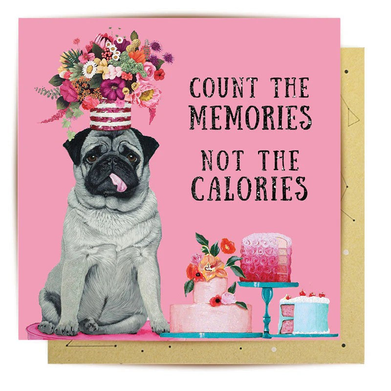 Greeting Card | Calorie Counter Pug by La La Land. Australian Art Prints and Homewares. Green Door Decor. www.greendoordecor.com.au