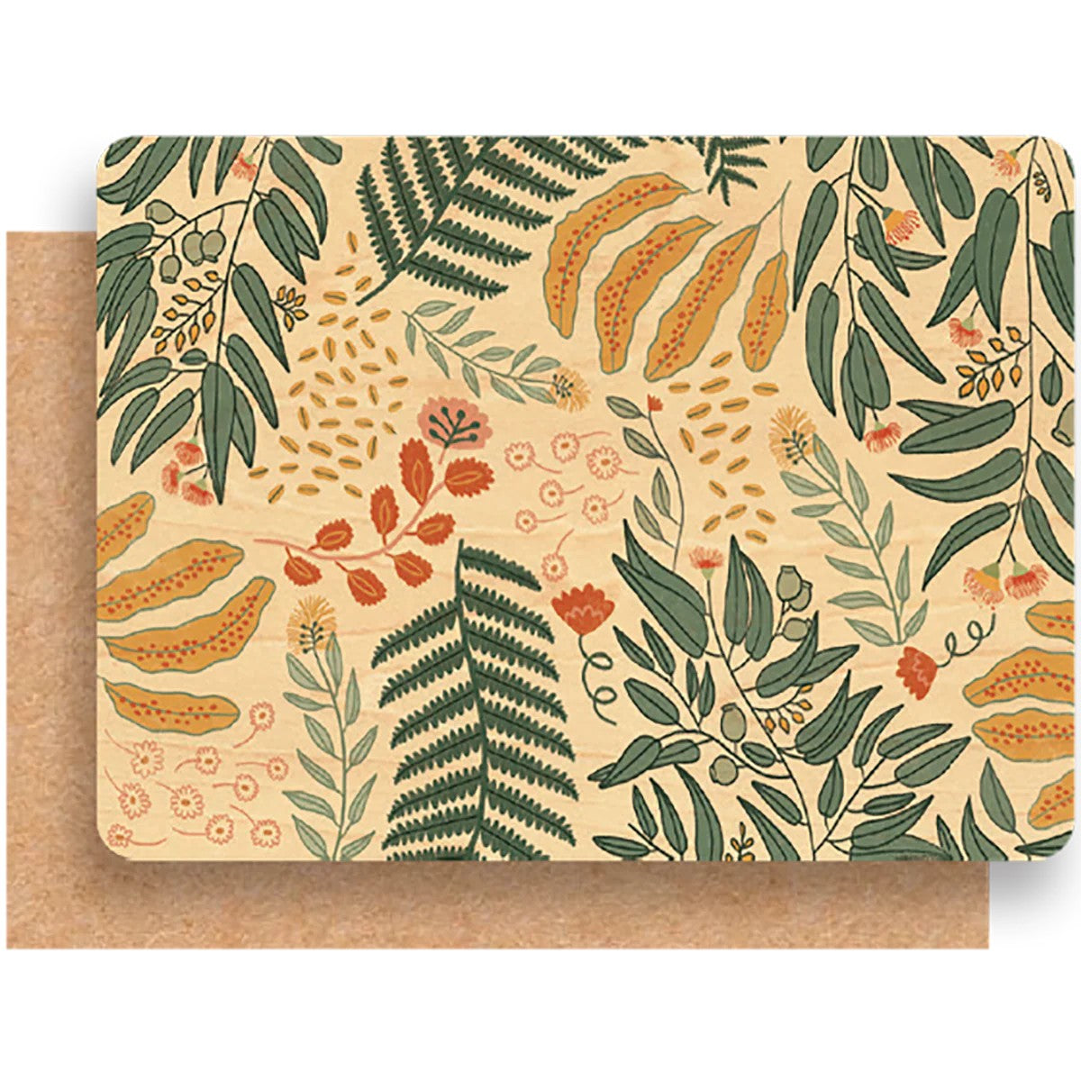 Wood Greeting Card & Envelope | Hayley Sinnatt | Flora Jungle by Greenigo. Australian Art Prints and Homewares. Green Door Decor. www.greendoordecor.com.au