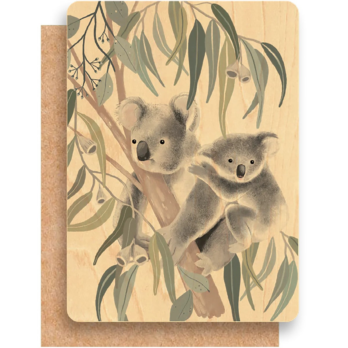 Wood Greeting Card & Envelope | Daniella Germain | Koala Cuddles by Greenigo. Australian Art Prints and Homewares. Green Door Decor. www.greendoordecor.com.au