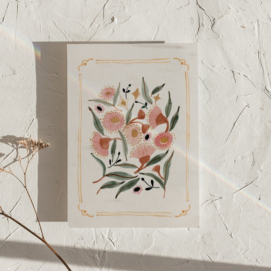 Gum Blossom Australian Botanical | Greeting Card by The Darling Fig. Australian Art Prints and Homewares. Green Door Decor. www.greendoordecor.com.au