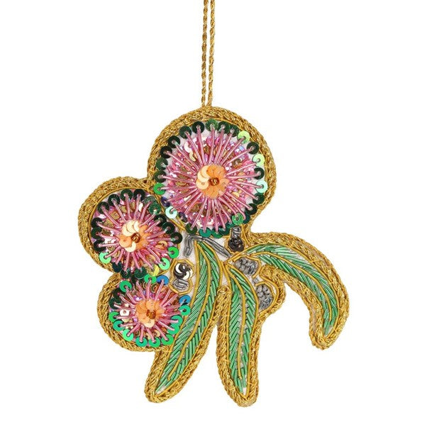 Gumnut Flower Sequin Hanging Xmas Tree Decoration. Australian Art Prints and Homewares. Green Door Decor. www.greendoordecor.com.au